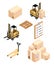 Isometric Warehouse load boxes and barrels to stacks using forklifts.