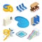 Isometric water park attractions vector icon set with inflatable swimming circles, sun beds, locker room, lockers, pool