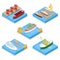 Isometric Water Transport Set with Cruise and Industrial Ship. Sailing and Shipping