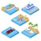 Isometric Water Transportation Set with Cruise and Industrial Ship. Sailing and Shipping