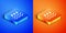 Isometric Wave with water drop icon isolated on blue and orange background. Square button. Vector