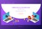 Isometric web banner businessman hand out from laptop with magnet and megaphone