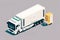 Isometric white electric box semi truck trailer with container charging parking at the charger station with plug in cable.