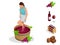 Isometric wine production icons collection. Girl crushes grapes for making wine. Wine festival. Vector illustration