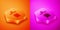 Isometric Wizard warlock icon isolated on orange and pink background. Hexagon button. Vector