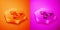 Isometric Wizard warlock icon isolated on orange and pink background. Hexagon button. Vector