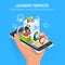 Isometric Woman hand using smartphone booking Online Laundry Service. Book Online Laundry Services at Home concept, App