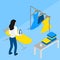 Isometric woman ironing clothes on board. Maid in uniform. Laundry company occupation. Housemaid chores