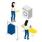 Isometric woman ironing clothes on board. Maid in uniform. Laundry company occupation. Housemaid chores