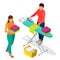 Isometric Woman Ironing Clothes Using Iron On Ironing Board After Laundry At Home and Woman holding washed and dried