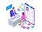 Isometric woman during job interview. Male office worker in business suit sitting at desk with laptop and female