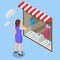 Isometric woman looks at the clothes shop window. Consumer shopping in apparel boutique. Retail and fashion outlet