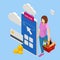 Isometric woman order online in internet supermarket. Grocery online shopping application on smartphone screen with food