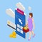 Isometric woman order online in internet supermarket. Grocery online shopping application on smartphone screen with food