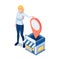 Isometric Woman owner Standing at Her Shopping Store with GPS Location Pin