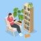 Isometric woman sitting in a chair at home and reading a book. Knowledge, learning and education concept