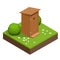 Isometric wooden bio toilet cabin. Hiking services. Flat color style vector icon
