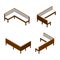 Isometric wooden corner bench in different projections. Vector sofa illustration.