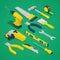 Isometric Work Tools Set with Drill Screwdriver Level and Hammer