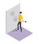 Isometric worker. Home repair isometric form with craftsman dismantling the wall . Professional people with equipment