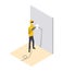 Isometric worker. Home repair isometric form with craftsman who makes a strobe for wiring. Professional people with