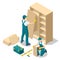 Isometric workers of manufacture with professional tools during furniture assembly. Furniture assembly concept