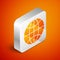 Isometric Worldwide icon isolated on orange background. Pin on globe. Silver square button. Vector Illustration