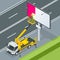 Isometric Yellow Engine Powered Scissor Lift. Worker with the help of an automobile tower change a poster on a billboard