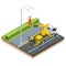 Isometric Yellow Engine Powered Scissor Lift. Worker with the help of an automobile tower change repairing a street pole