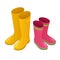 Isometric yellow and pink rubber boots on white background.