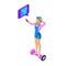 Isometric young girl shoots video and communicates in social networks on the tablet, maintains her blog. Teenagers and gadgets