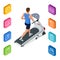 Isometric young man in sportswear running on treadmill at gym. Fitness and Health icons. Running machine or track