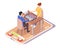 Isometric young man and woman playing checkers on smartphone screen, flat vector illustration. Mobile checkers online.