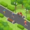 Isometric young woman and man runners running on a city park. Sportive people training in an urban area, healthy