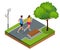 Isometric young woman and man runners running on a city park. Sportive people training in an urban area, healthy