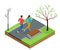 Isometric young woman and man runners running on a city park. Sportive people training in an urban area, healthy