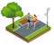 Isometric young woman and man runners running on a city park. Sportive people training in an urban area, healthy