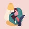 Isometric young women spending weekend at home, reading books, pet care, friend cat. Colored vector illustration in flat style