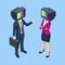 Isometric zombie man and woman with an old tv instead of head. Mass media addiction. Television manipulation, fake