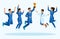 Isometrics doctors jump, happiness. Surgeons, paramedics, nurses jump in blue medical clothes, joy. Set for illustrations