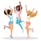 Isometrics of girls jump, they are happy, young teenagers, generation Z, music lovers. Summer spring vector illustration