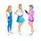 Isometrics of teenage girls, generation Z with gadgets, stylish clothes, cool hairstyle, hat, accessories, girlfriends since child