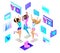 Isometrics teenagers jumping, generation Z, tough girls, beautiful and young, summer clothes, phones social networking, gadgets