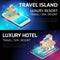 Isometry bright concept of advertising of luxurious resort, travel, luxury hotel on the Maldive Islands in the middle of the ocean