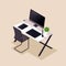 Isometry, desktop, comfortable workplace, monitor, graphic tablet, comfortable chair. Beautiful concept for illustrations