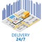 Isometry express cargo delivery route navigation map of the city, buyer smartphone, van delivery point, truck, vector