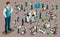 Isometry set 6, bank icons with bank employees, men bank employee, customer service manager. Financial structure, banking business