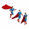 Isometry set of motion superheroes, 3D set of supermen in a suit with a raincoat. Runs, hurries, waits