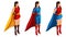 Isometry set of superhero girls in costumes, stand on guard of order, 3D characters, heroes, rescuers. Vector illustration