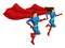The isometry of the superheroes is a man and a girl in suits, they run to help, the cloak develops, 3D characters